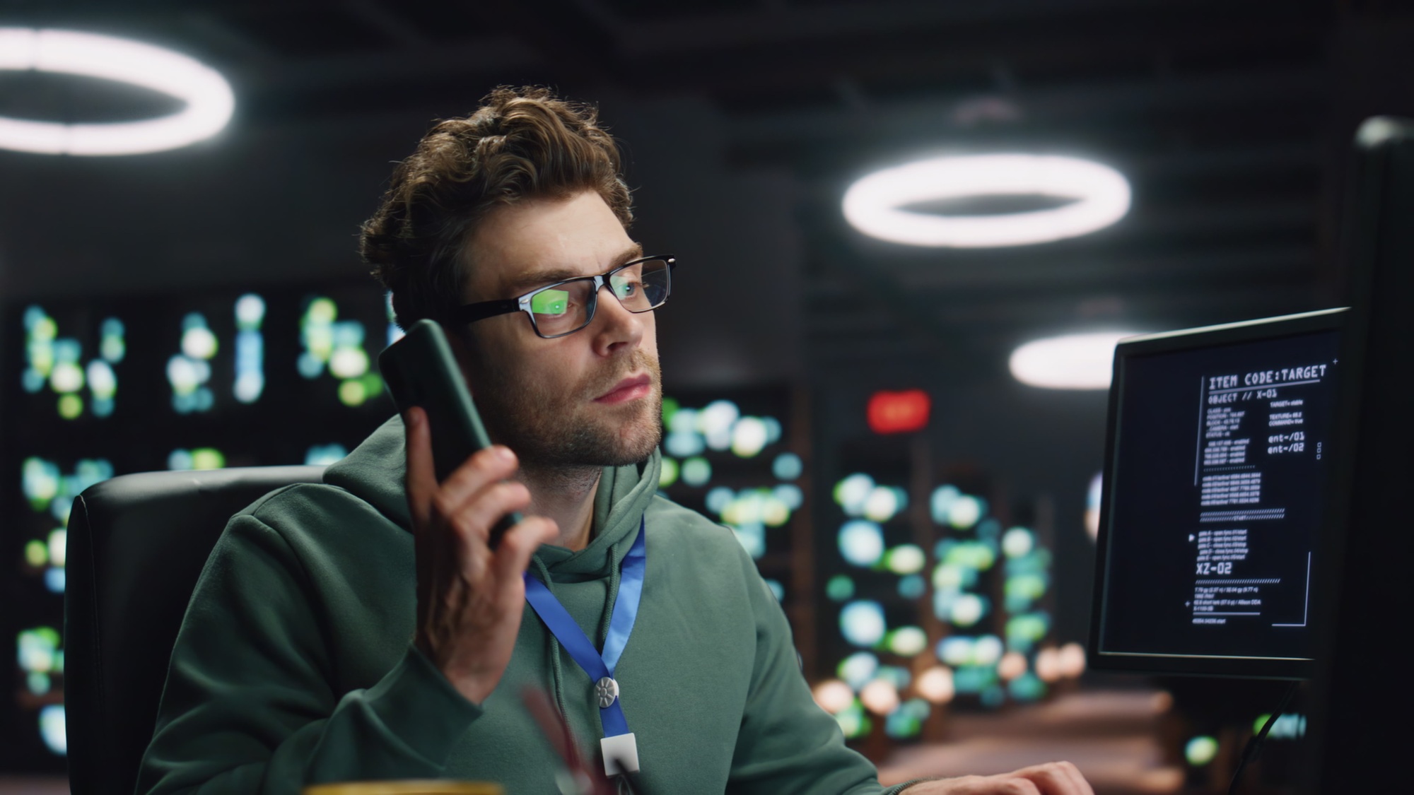 Coder guy answering cellphone call coding computer at night workplace closeup